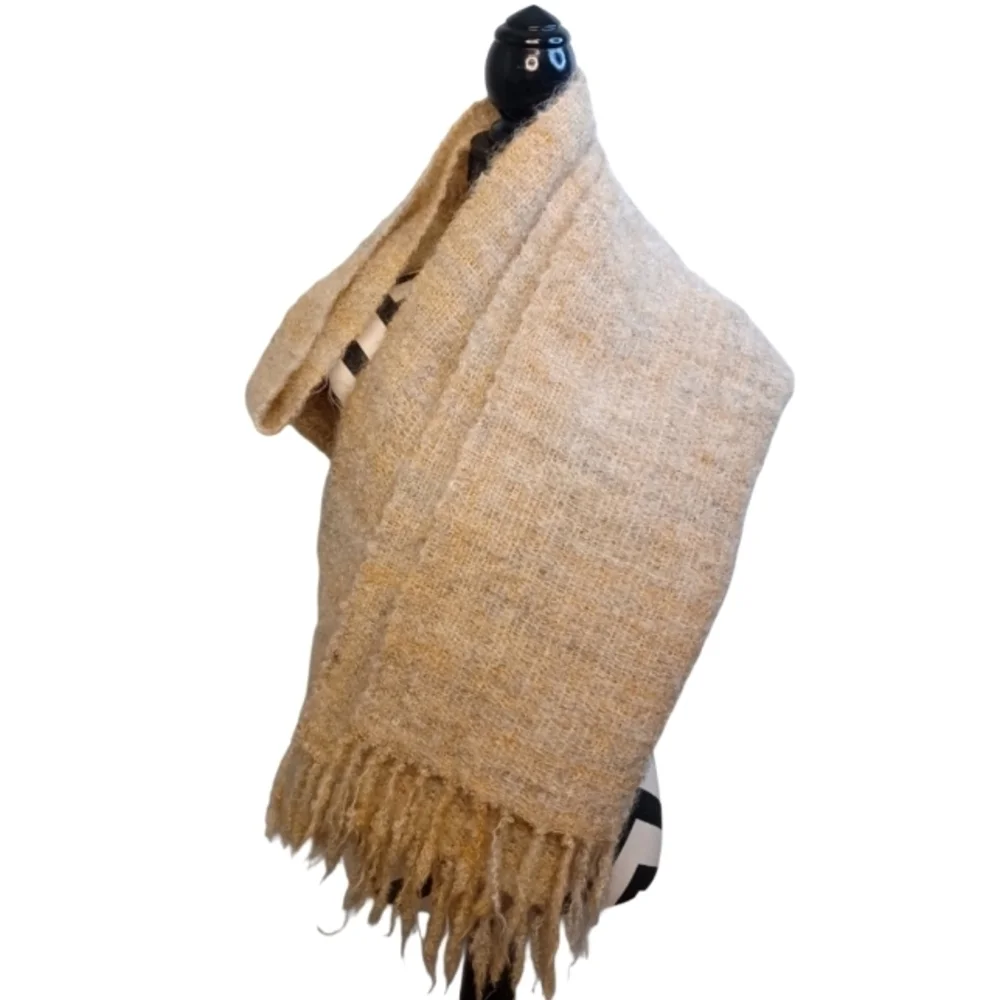 Earthy Natural Beige Hand Woven Mohair Wool Blend Fringe Wrap Shawl